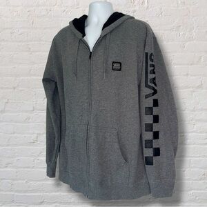 Vans Men’s Full Zip Hoodie Gray Fleece Lined Sweatshirt Sleeve Logo Large